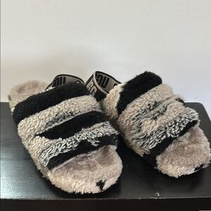 UGG Black and Cream Fuzzy Slippers